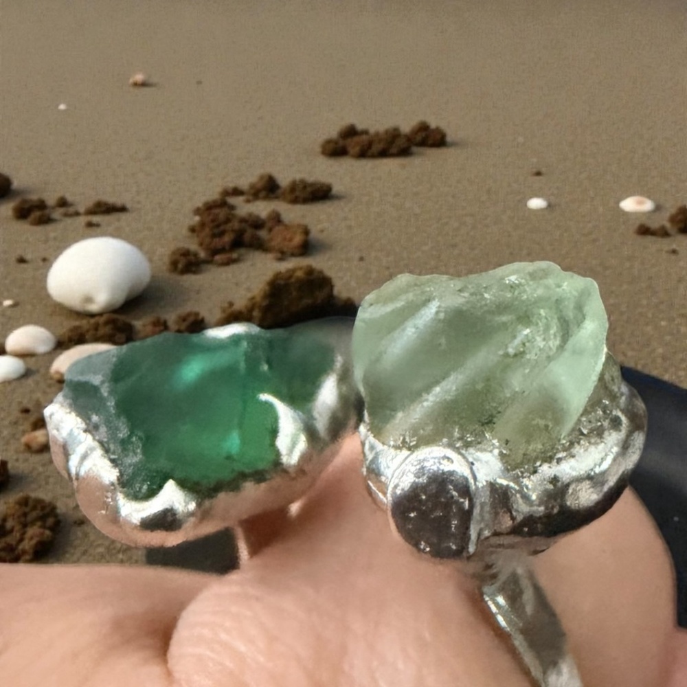 Sea Glass Balance Ring With Upcycled Silver Spoon Band Artisan Crafted Adjust. - Picture 10 of 15
